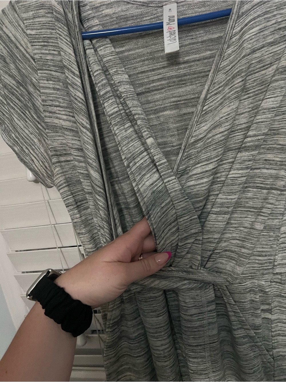 Latched Mama Heathered Wrap Short-Sleeve Jumpsuit in Light Gray - Picture 4 of 5
